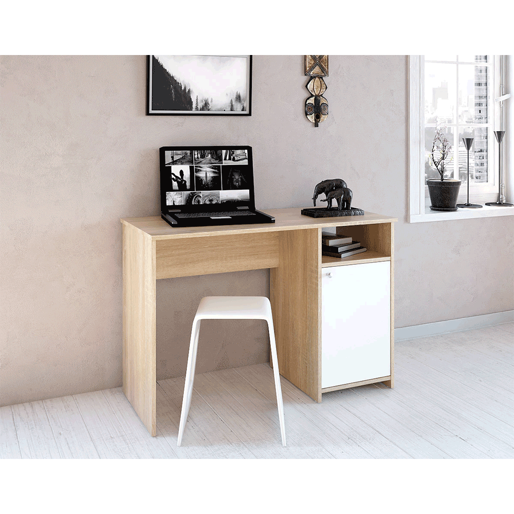 Skrivebord med skab Dede, til computer, sonoma egtræ + hvid, 110 x 74,5 x 50 cm