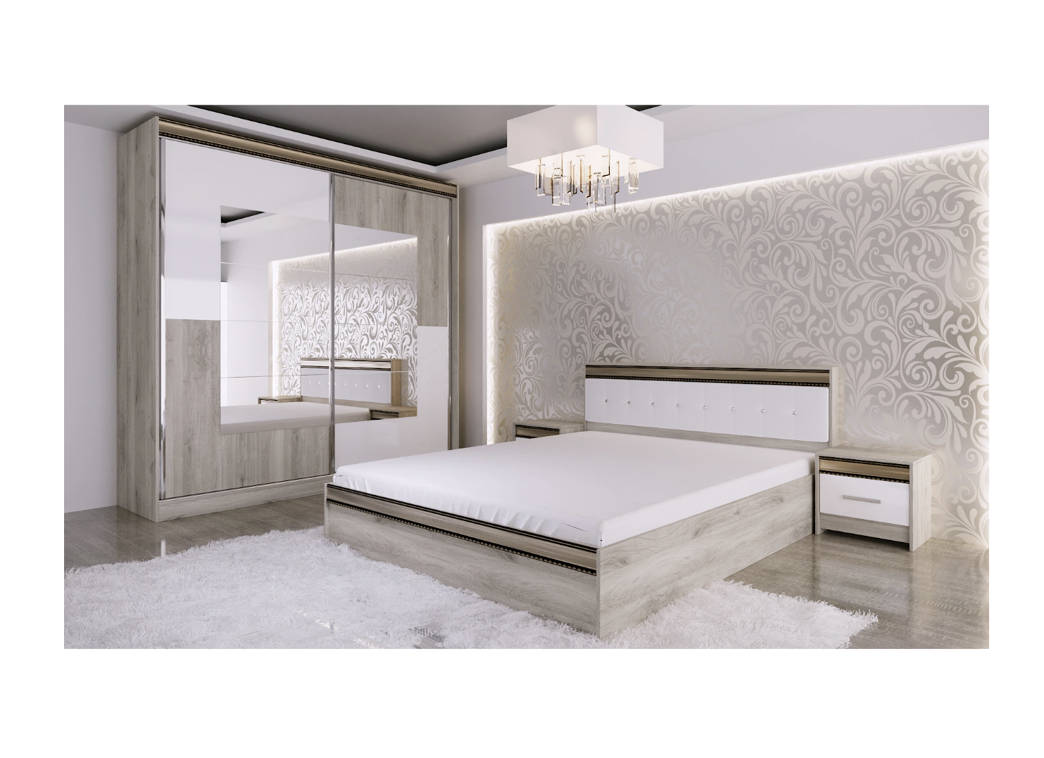 Soveværelse Irim Marina, Seng 160x200 cm, Garderobe, 2 natborde, Farve Sonoma/Hvid